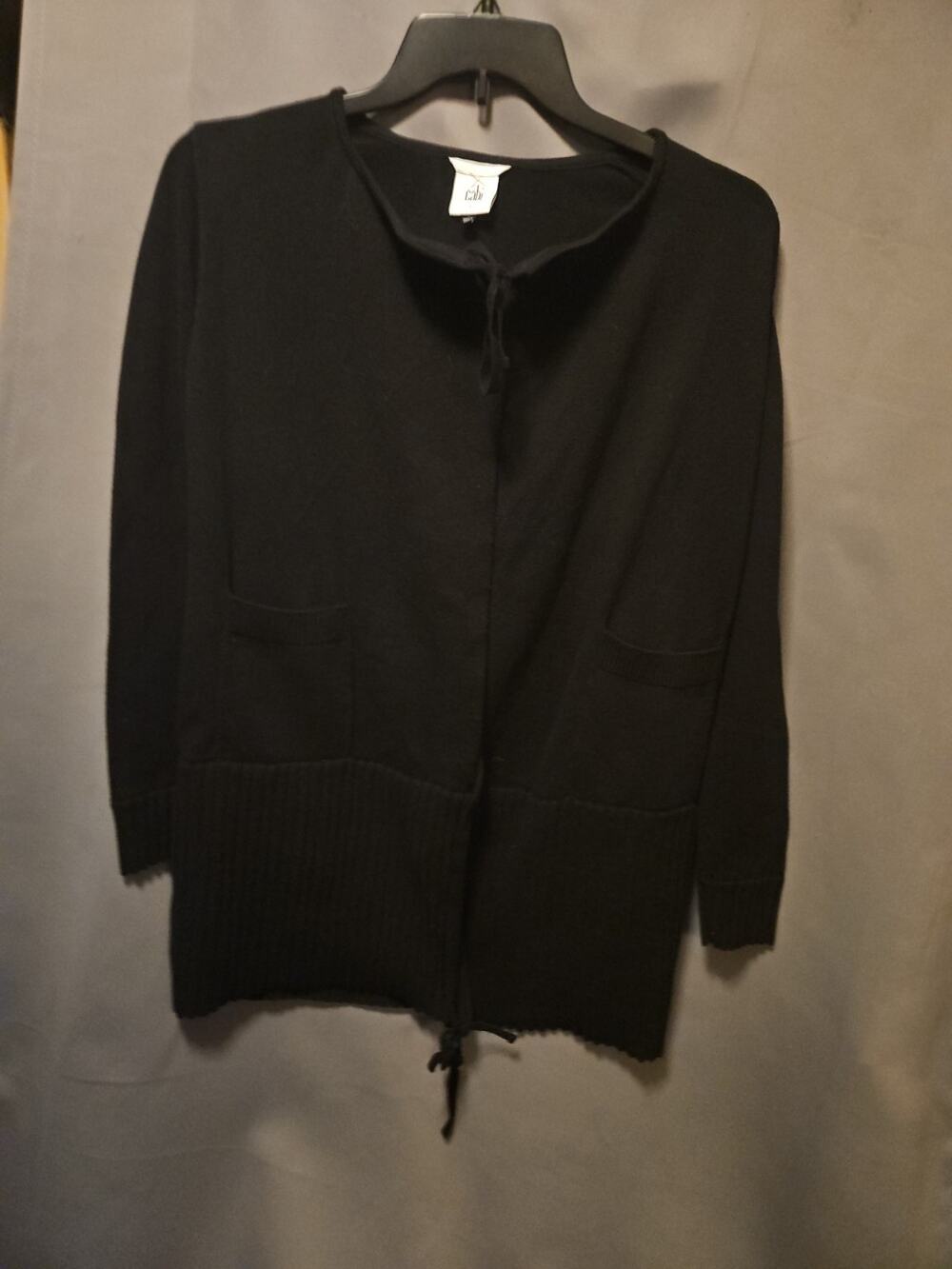 CAbi Cardigan Womens Sz Small Black Double Tie Neck Front Pockets Ribbed Bottom